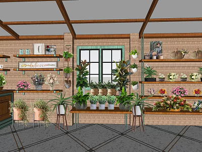 Charming Flower Shop With Brick Walls Wooden Ceiling And Fresh Potted Plants 3d model