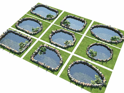 Multiple Water Ponds With Stone Edges And Aquatic Plants Arranged On Green Lawn 3d model