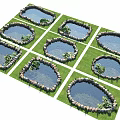 Multiple Water Ponds With Stone Edges And Aquatic Plants Arranged On Green Lawn