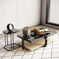 Modern Coffee Table with Black Marble Top Side Table Clock Books Pineapple on Geometric Rug 3d model