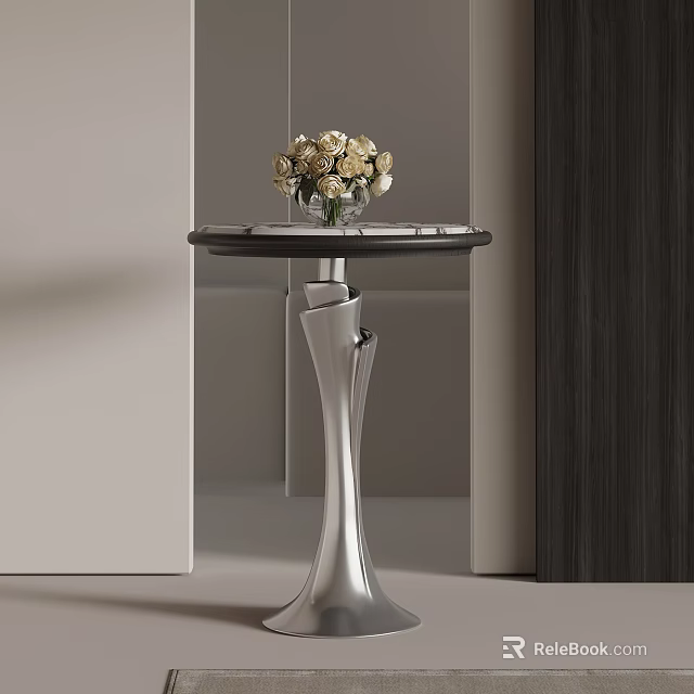 Modern Side Table with Round Tabletop Silver Base and Vase of White Flowers 3d model 
