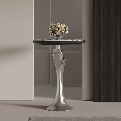 Modern Side Table with Round Tabletop Silver Base and Vase of White Flowers 3d model