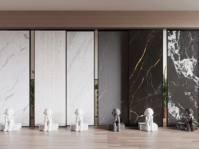 Modern Marble Wall Panels In White Black And Gold With Decorative Statues 3d model