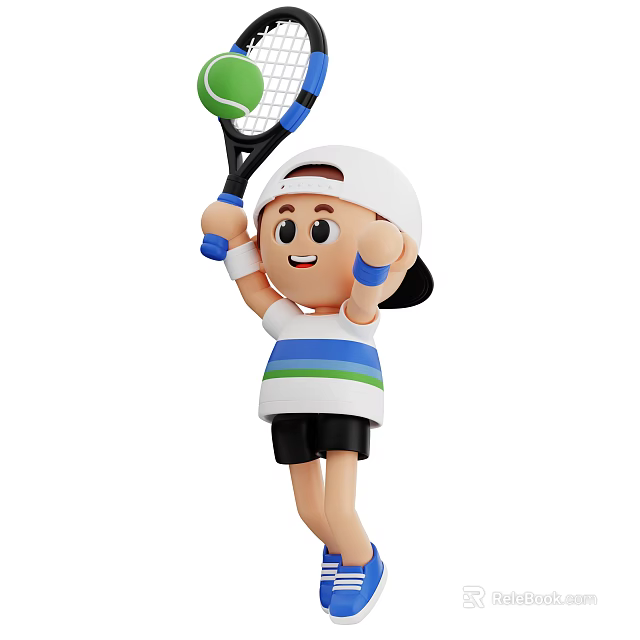 Smiling Cartoon Character Decorative Ornament Set With Tennis Racket Ball And White Cap 3d model 
