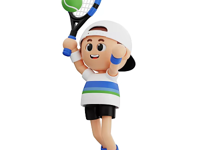 Smiling Cartoon Character Decorative Ornament Set With Tennis Racket Ball And White Cap 3d model