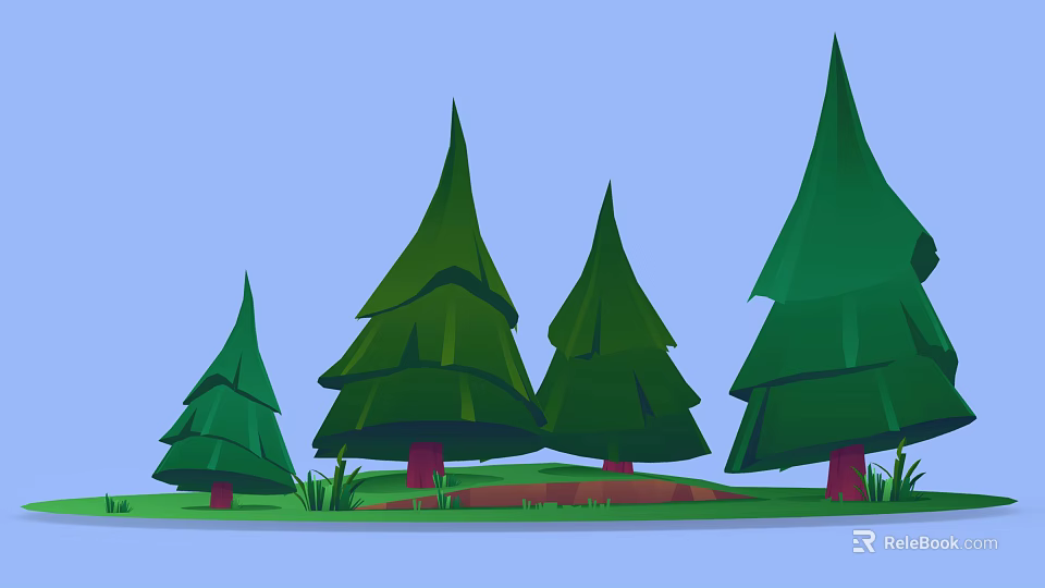 Cartoon Scene Featuring Green Pine Trees With Red Trunks And Grass Under Blue Sky 3d model 