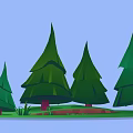 Cartoon Scene Featuring Green Pine Trees With Red Trunks And Grass Under Blue Sky