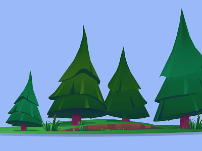 Cartoon Scene Featuring Green Pine Trees With Red Trunks And Grass Under Blue Sky 3d model