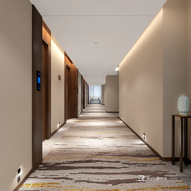 Modern Hotel Corridor With Long Patterned Carpet Soft Lighting Wooden Doors And Decorative Vase 3d model 