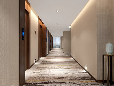 Modern Hotel Corridor With Long Patterned Carpet Soft Lighting Wooden Doors And Decorative Vase 3d model