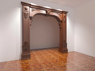 Ornate Wooden Archway With Carvings In Room With White Walls And Patterned Floor 3d model