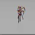 Mythical Female Character in Ornate Red Gold Costume with Winged Headdress and Blue Accents Standing