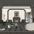 Elegant Living Room Interior With Green Sofa Black Armchair Beige Round Chair Fireplace Geometric Rug