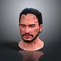 Man 3D Head Model With Dark Hair Beard Facial Blood And Scars On Gray Background