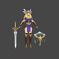 Female Warrior in Purple and Gold Outfit with Horned Golden Helmet Sword and Shield