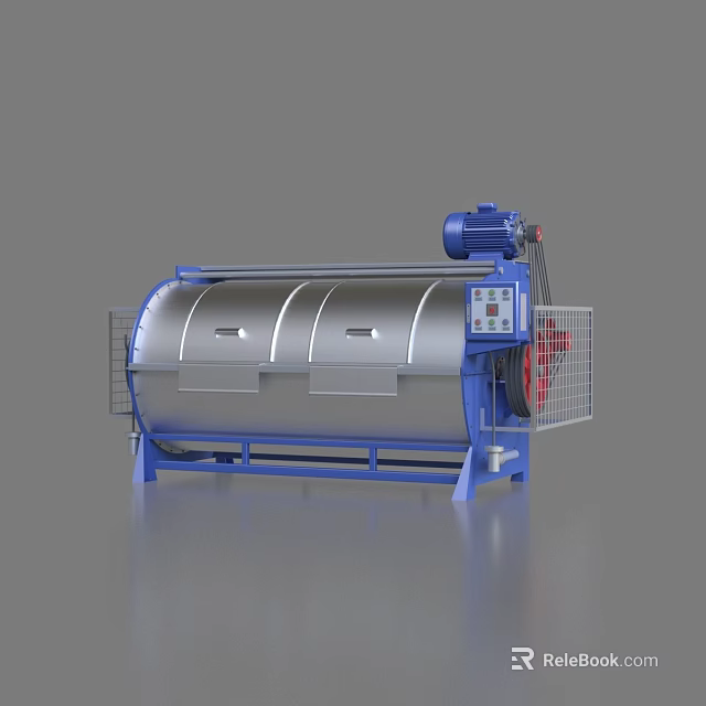 Industrial Drum Washing Machine with Silver Cylinder Body Blue Base Motor and Control Panel 3d model 