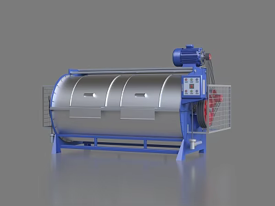 Industrial Drum Washing Machine with Silver Cylinder Body Blue Base Motor and Control Panel 3d model