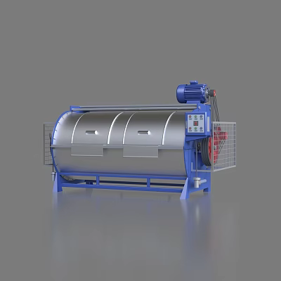 Industrial Drum Washing Machine with Silver Cylinder Body Blue Base Motor and Control Panel 3d model
