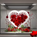 Floral Display With Heart Shaped Frame Red Roses LOVE Sign And Scattered Petals