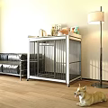 Sturdy Metal Pet Cage on Wooden Floor with Decor Items and Corgi in Living Room
