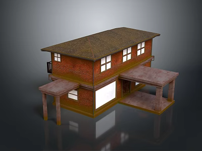 Two Story Red Brick House With Brown Roof Windows And Porch 3d model