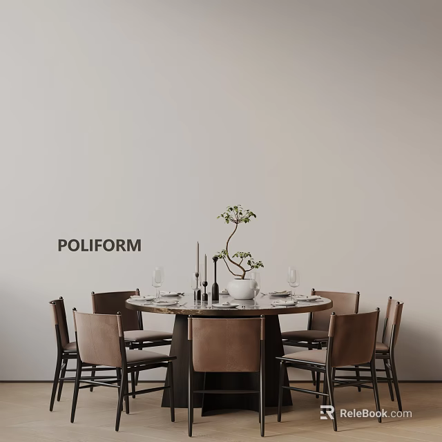 Poliform Round Dining Table Set with Chairs Tableware Wine Glasses Vase and Tree Branch 3d model
