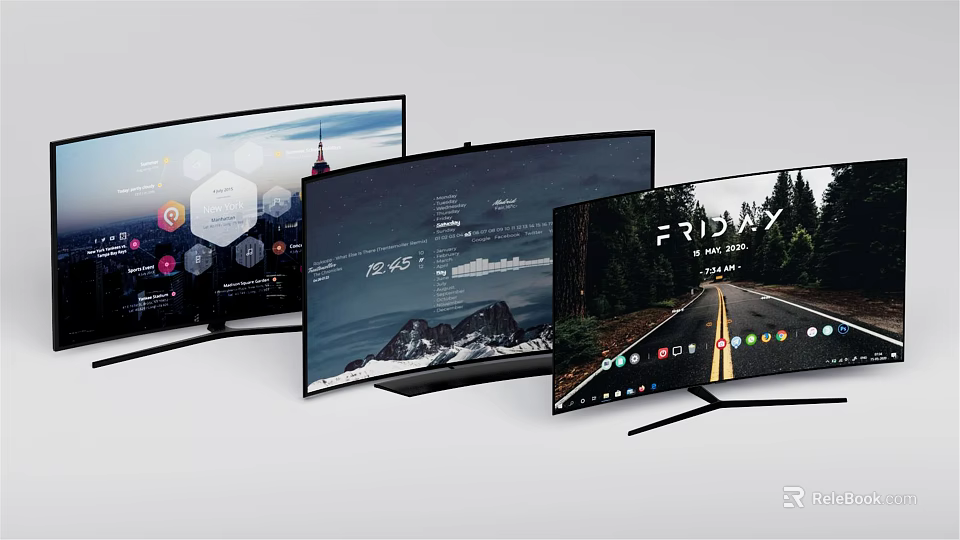 Contemporary TVs Featuring Curved Screens With Mountain Road And App Interface Displays 3d model 