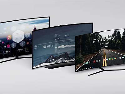 Contemporary TVs Featuring Curved Screens With Mountain Road And App Interface Displays 3d model