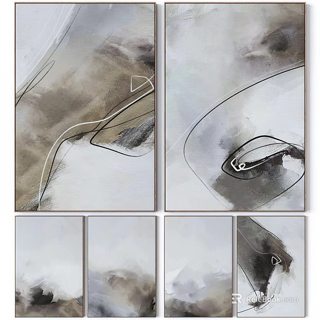 Modern Abstract Paintings With Curved Lines And Neutral Tones In Multiple Panels 3d model 