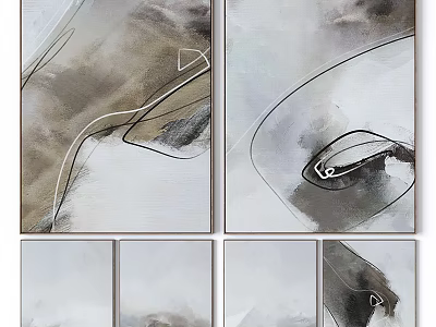 Modern Abstract Paintings With Curved Lines And Neutral Tones In Multiple Panels 3d model