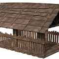 Rustic Wooden Shed With Sloped Shingle Roof And Wooden Rail Fence In Traditional Design