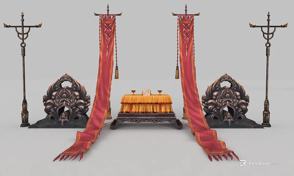 Ancient Weapon Decorative Setup with Red Gold Embroidered Banners Black Carvings and Yellow Cushion 3d model 