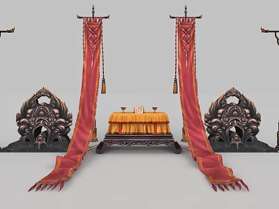 Ancient Weapon Decorative Setup with Red Gold Embroidered Banners Black Carvings and Yellow Cushion 3d model
