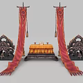 Ancient Weapon Decorative Setup with Red Gold Embroidered Banners Black Carvings and Yellow Cushion