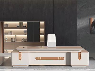 Modern Office Desk Design In White Light Brown With Bookshelf Lighting And White Chair 3d model