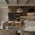 Modern Open Dining Living Room Interior With Wooden Beams Pendant Lights And Island Counter