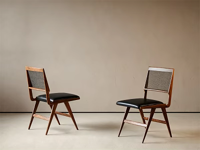 Modern Wooden Dining Chairs With Black Leather Seats Mesh Backrests In Minimalist Setting 3d model