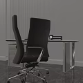 Modern Minimalist Desk With Brown Office Chair Laptop Table Lamp And Striped Wall