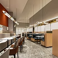 Modern Restaurant Interior With Orange Walls Gray Ceilings Long Pendant Lights And Wooden Booths