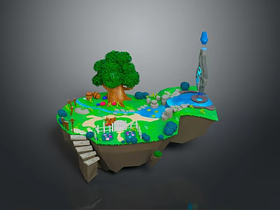 Floating Island Scenery With Green Tree Pond Blue Torch And Stone Steps 3d model