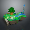 Floating Island Scenery With Green Tree Pond Blue Torch And Stone Steps