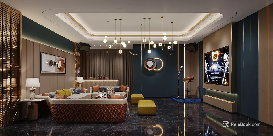 Modern KTV Room Interior With Sofas Coffee Table Chandeliers TV Screen And Decorative Paintings 3d model 