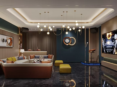 Modern KTV Room Interior With Sofas Coffee Table Chandeliers TV Screen And Decorative Paintings 3d model