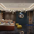 Modern KTV Room Interior With Sofas Coffee Table Chandeliers TV Screen And Decorative Paintings