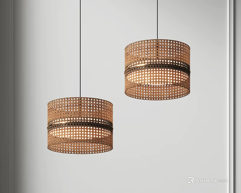 Modern Interior Design With Two Brown Woven Grid Pattern Cylindrical Pendant Lights 3d model