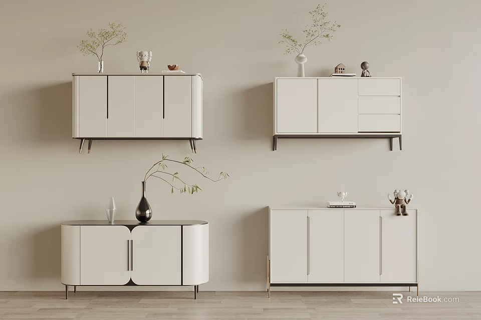 Multiple White Sideboards Interior Wall Mounted And Floor Standing Decorated With Vases And Small Ornaments 3d model 