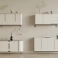 Multiple White Sideboards Interior Wall Mounted And Floor Standing Decorated With Vases And Small Ornaments