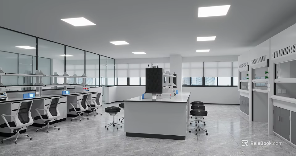 Modern Laboratory With Equipment Workbenches And Chairs 3d model 
