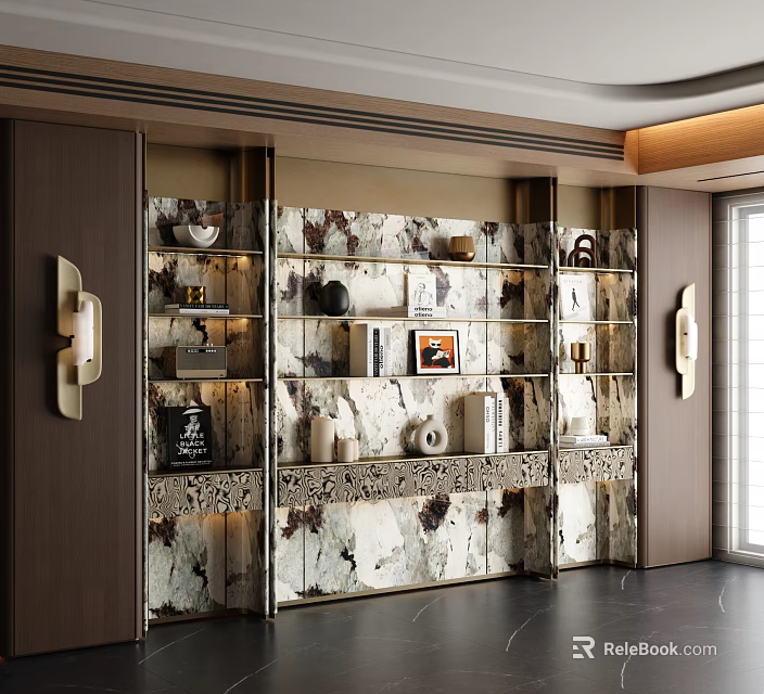 Elegant Modern Wine Cabinet With Glass Doors And Decorative Shelves Holding Ornaments Books And Vases 3d model 