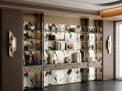 Elegant Modern Wine Cabinet With Glass Doors And Decorative Shelves Holding Ornaments Books And Vases 3d model